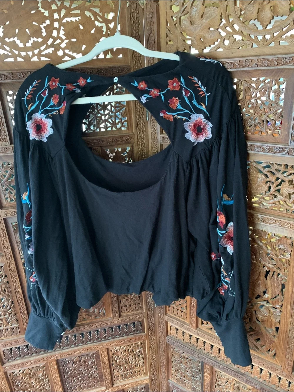 Free People Black Embroidered Puff-Sleeve Blouse - Picture 2 of 4